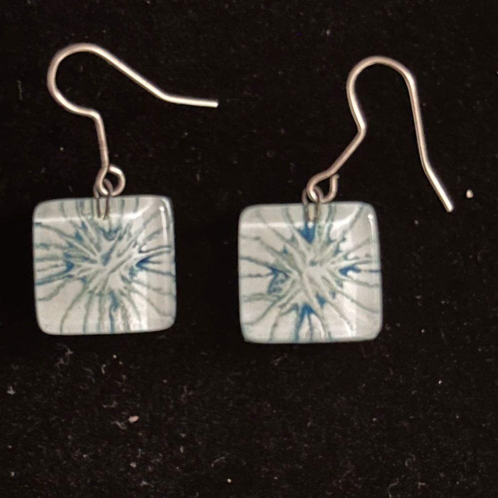 Handmade Blue and White Square Dangle Earrings